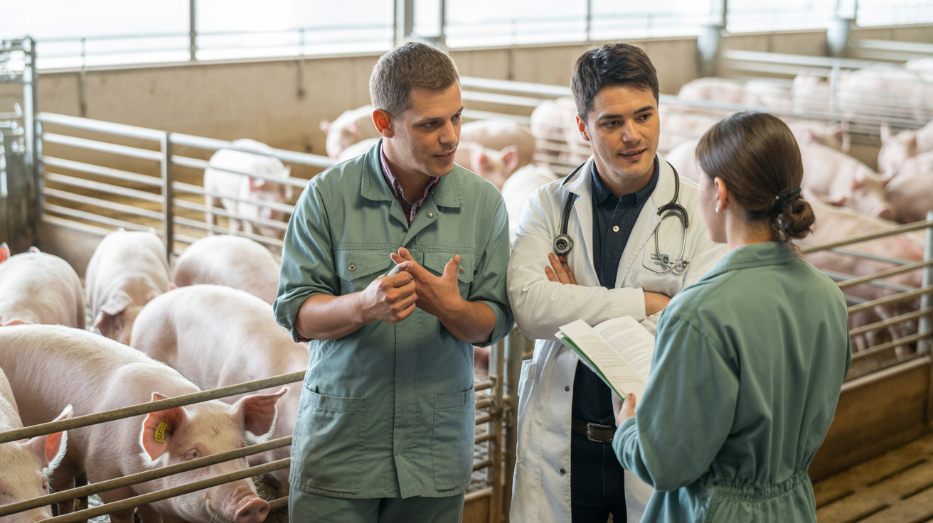 Equipo de trabajo colaborando en granja porcina